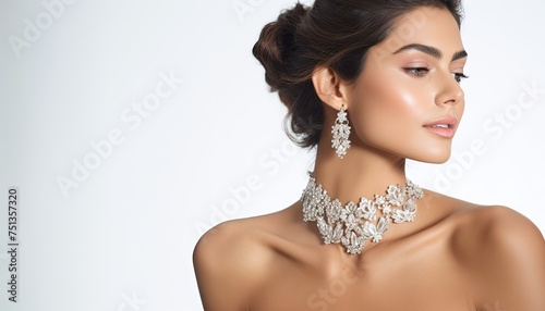 A woman with striking features is elegantly wearing a necklace and earrings, adding a touch of sophistication and glamour to her overall look