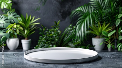 Focus on the empty white round tray in the foreground  with a small number of potted tropical plants as the background  minimalist stage design  elegant and smart