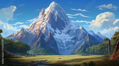 Snowy mountains on the grassland 