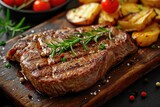 fried Juicy steak with potatoes, thyme and spices