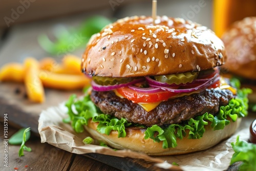 juicy tasty burger on a wooden plate