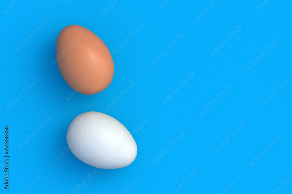 Two white and brown chicken eggs on blue background. Ingredients for cooking. Organic food. Top view. Copy space. 3d render