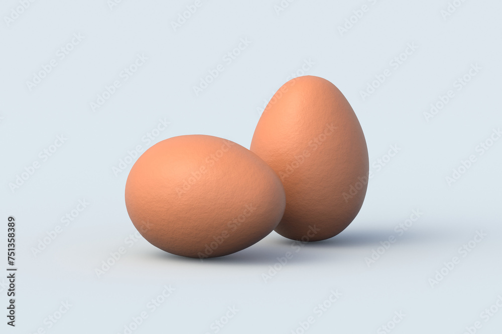 Two brown chicken eggs on gray background. Ingredients for cooking. Organic food. 3d render Two brown chicken eggs on gray background. Ingredients for cooking. Organic food. 3d render