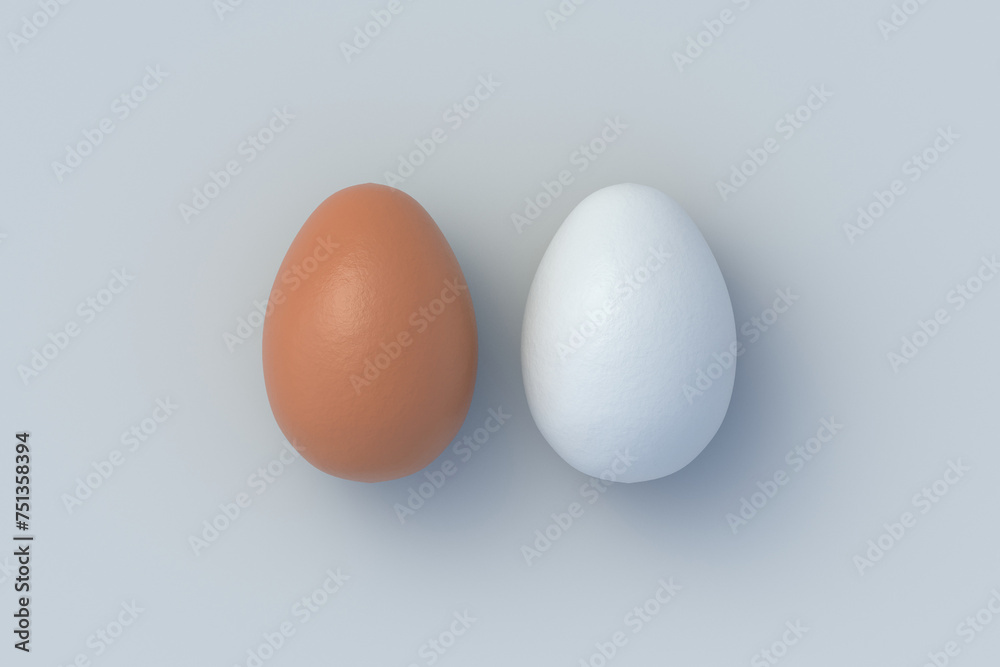 Two chicken eggs on gray background. Ingredients for cooking. Organic food. Top view. 3d render Two chicken eggs on gray background. Ingredients for cooking. Organic food. Top view. 3d render