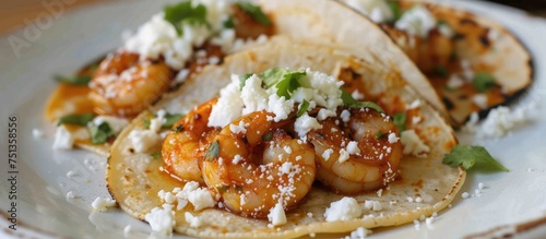 A white plate is presented with two tacos, each topped with succulent shrimp and sprinkled with cotija cheese. The tacos are served on white corn tortillas, creating a visually appealing culinary