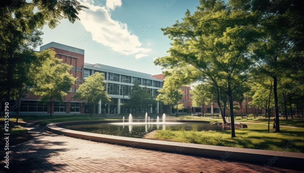 A large building stands tall, with a fountain gushing water in front of it. The architecture is grand, and the fountain adds a touch of elegance to the urban landscape A large building stands tall, with a fountain gushing water in front of it. The architecture is grand, and the fountain adds a touch of elegance to the urban landscape