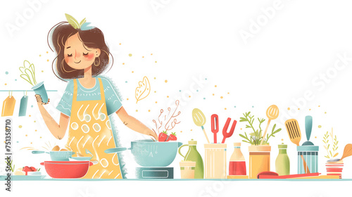 Joyful woman cooking with various utensils in hand, creating a vibrant kitchen scene