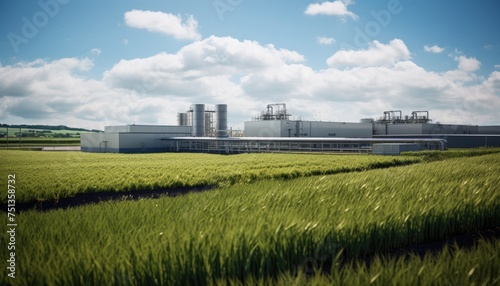 A modern bioenergy facility, a large factory building, stands prominently on a lush green field. The facility is surrounded by fields of crops, indicating an agricultural setting