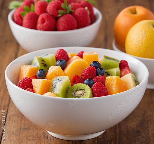 a fruit salad in a white ceramic bowl