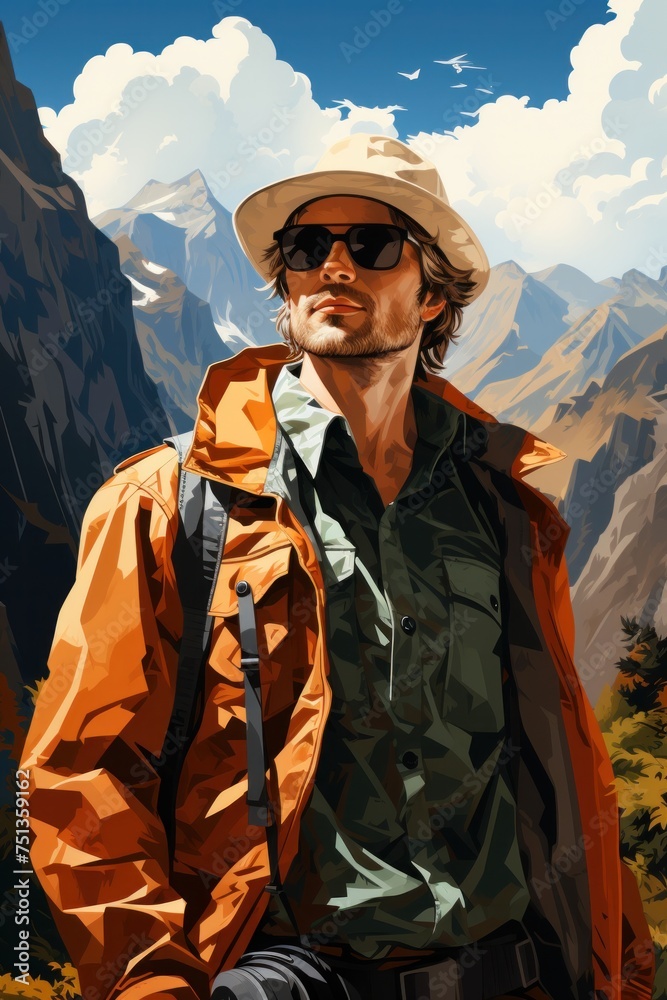 A men travels in the mountains. drawing style. mountains and waterfall