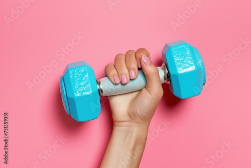 Woman's hand lifting a blue dumbbell on a pink background photo
