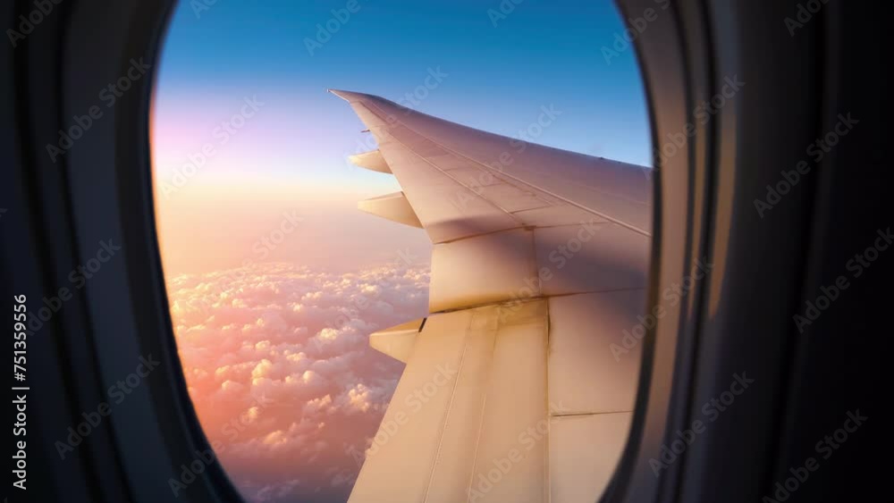 Airplane flight. Wing of an airplane flying above the clouds with sunset sky. View from the window of the plane. Wing view from window seat. Airplane flight. Wing of an airplane flying above the clouds with sunset sky. View from the window of the plane. Wing view from window seat.