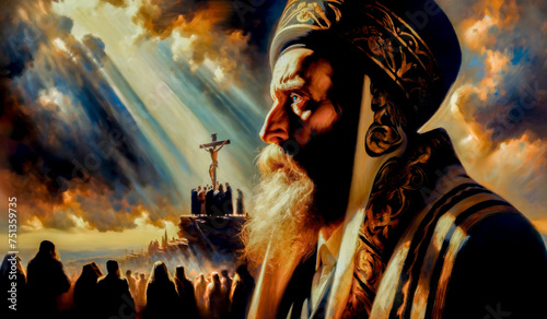 Crucifixion Scene at Golgotha: The Jewish High Priest of the Sanhedrin Stands with Witnesses at Jesus Christ’s Crucifixion, the Cross is Illuminated Amid Turbulent Clouds