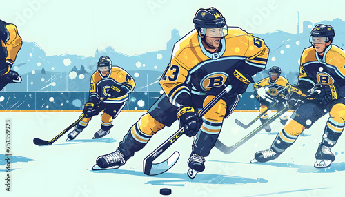 A cartoon drawing of a male ice hockey player skillfully maneuvering the puck around opposing playe Generative AI photo