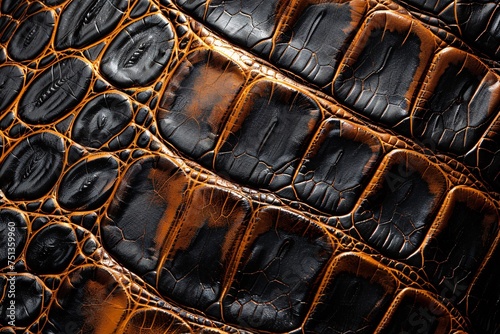 a close up of a black and orange leather