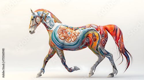 vibrant stride: a trotting horse adorned with a colorful pattern, set against a crisp white background for a striking artistic display photo