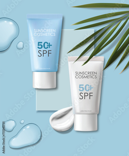 Realistic sunscreen bottle cosmetics set, tropical design, SPF cosmetics vector, packaging mockup, 3d scene background