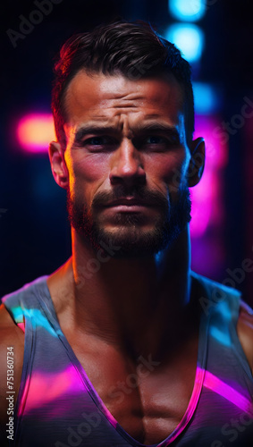 Bodybuilder Brave face close up, against a dark and dramatic background