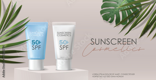 Realistic sunscreen bottle cosmetics set, tropical design, SPF cosmetics vector, packaging mockup, 3d scene background