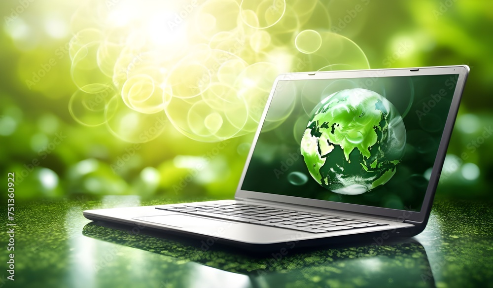 laptop with green grass and world glob - obrazy, fototapety, plakaty 