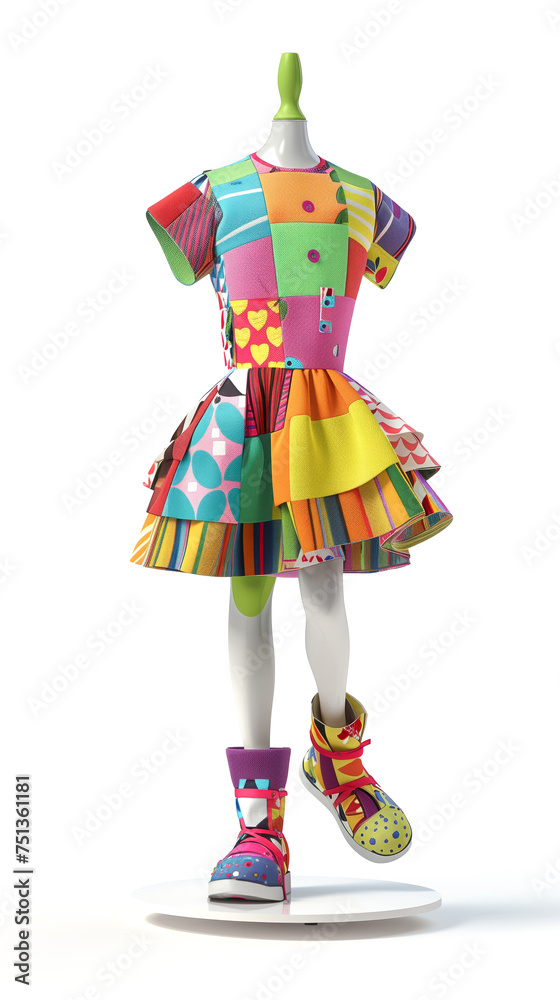 A children's clothing mannequin dressed in playful and vibrant attire