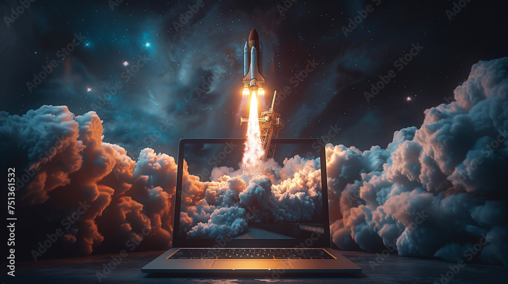 Laptop with rocket takeoff on the screen. Concepts of digital business, entrepreneurship, digital currency, investment, digital marketing. Also concepts of fast developing technology - obrazy, fototapety, plakaty 