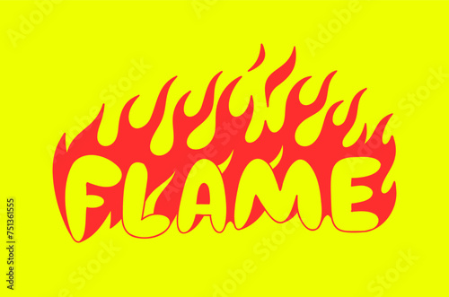 Outline image of the word “FLAME” stylized to look like it’s on fire. Neon sign. Vector image.