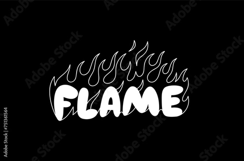Outline image of the word “FLAME” stylized to look like it’s on fire. Neon sign. Vector image.