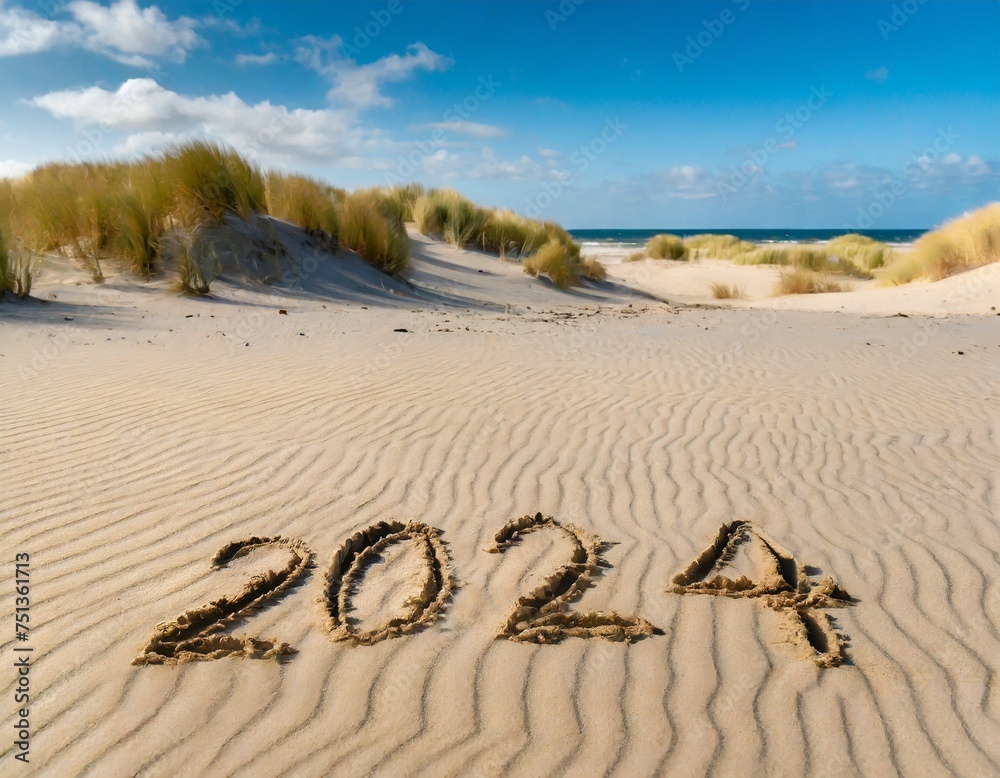 Fototapeta premium 2024 in den Sand am Strand geschrieben mit Dünen im Hintergrund