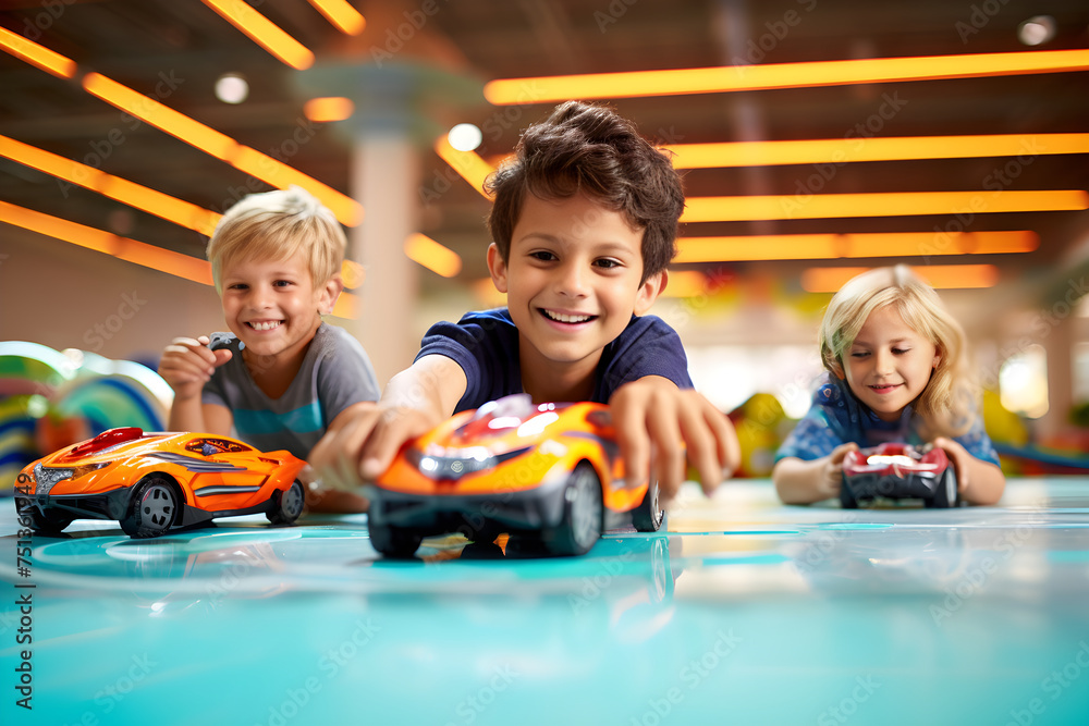 Energetic Kids Enjoying Miniature BB Car Racing - A Blend of Childhood Thrill and Competition - obrazy, fototapety, plakaty 