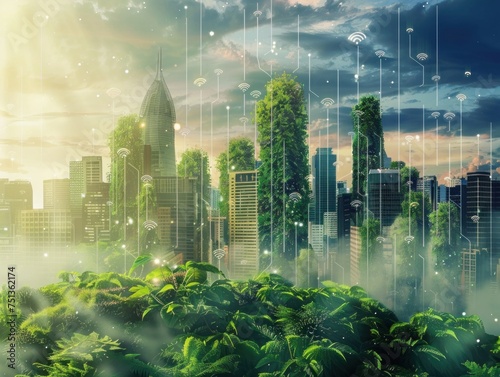 Morning and night cityscape blending nature and urban design with a vibrant mix of buildings  greenery  and technological lights under a dynamic sky  illustrating a seamless transition from day to nig