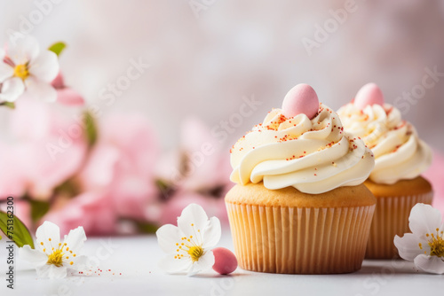 Easter cupcakes decorated blossom spring flowers and eggs on pastel pink background. Greeting card. Close up. Easter celebrations.