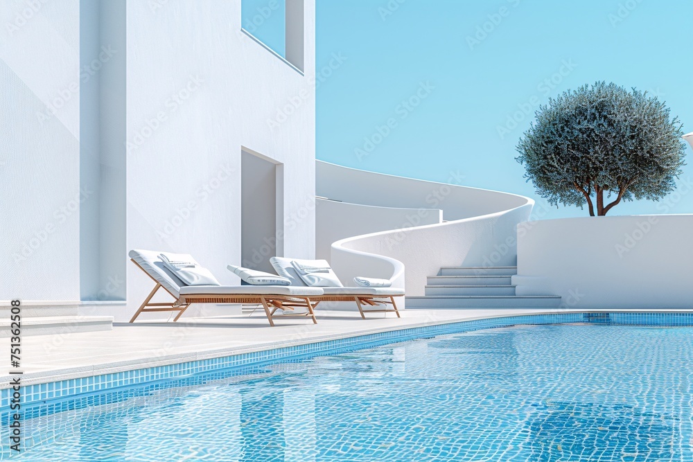 a pool with chairs and a tree in the background