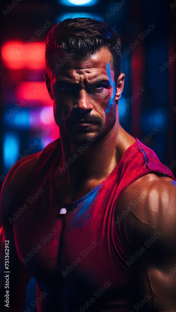 Fototapeta premium Bodybuilder Brave face close up, against a dark and dramatic background