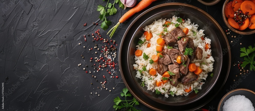 A top-down view of a traditional Turkish dish, featuring a plate of pilaf cooked with flavorful rice, roasted meat, carrots, onions, and parsley. A top-down view of a traditional Turkish dish, featuring a plate of pilaf cooked with flavorful rice, roasted meat, carrots, onions, and parsley.