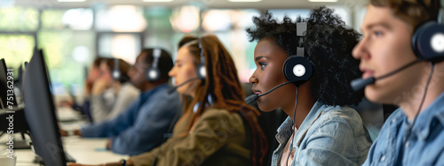 Diverse Call Center Agents with Headsets in Modern Office