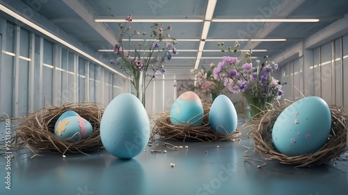 eater eggs in a nest Easter banner in pastel colors Three sky blue Easter eggs rest in a nest surrounded by straw and wildflowers on a serene pastel backdrop.