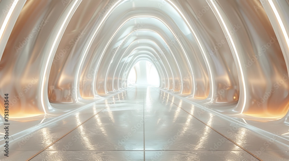 Minimal stage design style This element consists of an alien tunnel. The scene projected a gentle atmosphere. has a smooth surface Evoking a futuristic elegance reminiscent of the cabin's aesthetics.