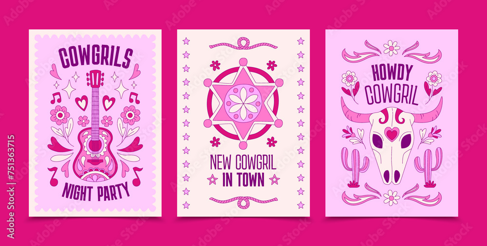 Cowgirl card set in flat design Cowgirl card set in flat design