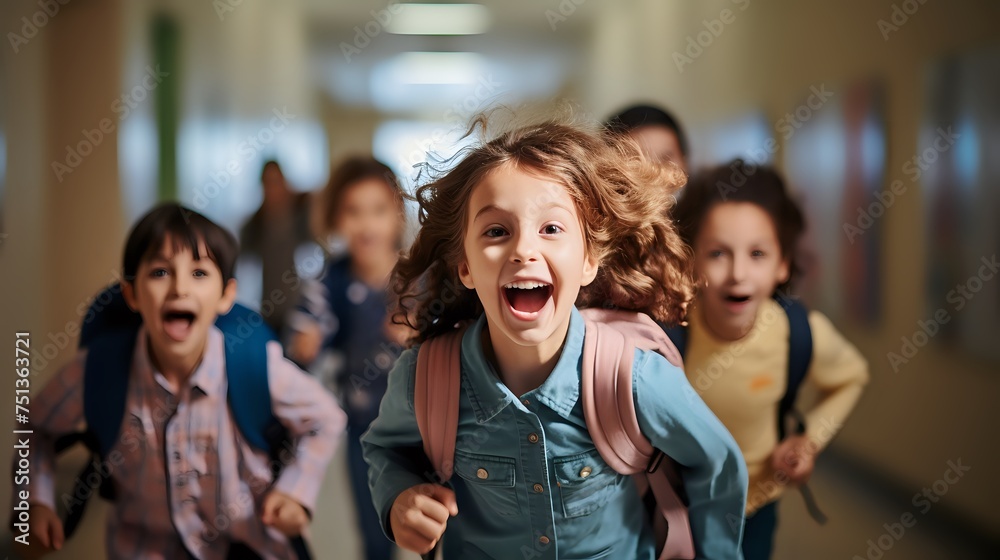 Obraz premium A group of children are running down a school hallway.