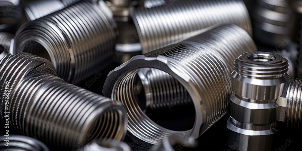 Precision milled metal parts. milled piping material. SHallow depth of field. Precision milled metal parts. milled piping material. SHallow depth of field.