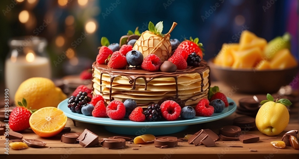 Illustrate a scene of a dessert spread featuring ultra-realistic yummy wafers, complemented by fresh fruits and a drizzle of chocolate or caramel. Capture the vibrant colors-AI Generative