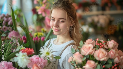 a female florist at work - pretty blonde young woman making flower bouquets © Salander Studio