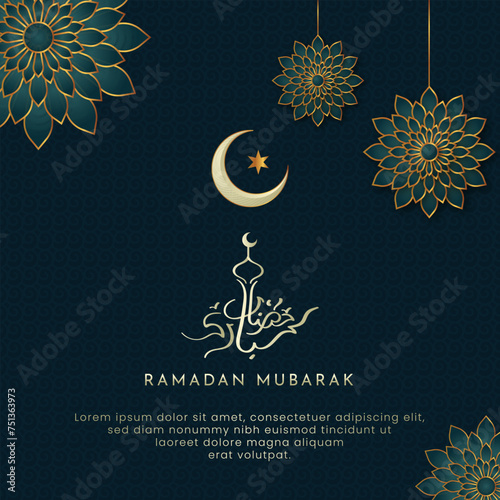 Ramadan Mubarak greeting with golden mandala calligraphy lettering which means 'Ramadan Mubarak' on dark background.