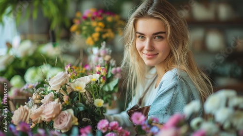 a female florist at work - pretty blonde young woman making flower bouquets © Salander Studio