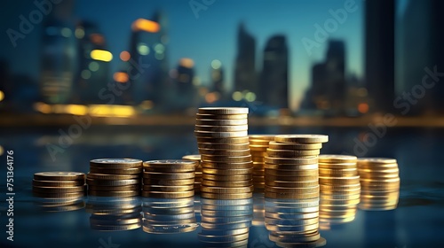 Stacks of gold coins with a blurred cityscape in the background. photo