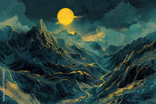 a mountain range with a yellow moon photo