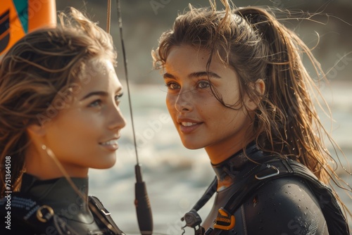 Multiethnic female athletes sporting wetsuits gearing up for kite surfing © Fat Bee