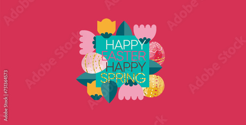 Happy easter! Vector illustration of geometric modern trendy abstract logo, sign or icon , easter eggs,  flowers and leaves for banner, flyer, greeting card  © Ardea-studio
