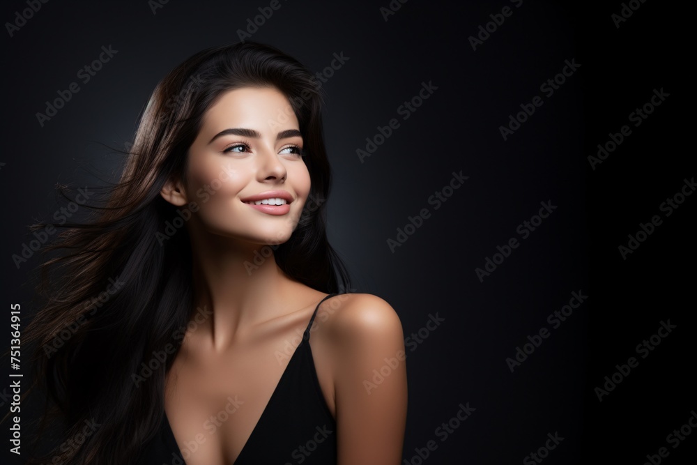 Obraz premium Radiant Beauty Woman With Satisfied Expression on Dark Background